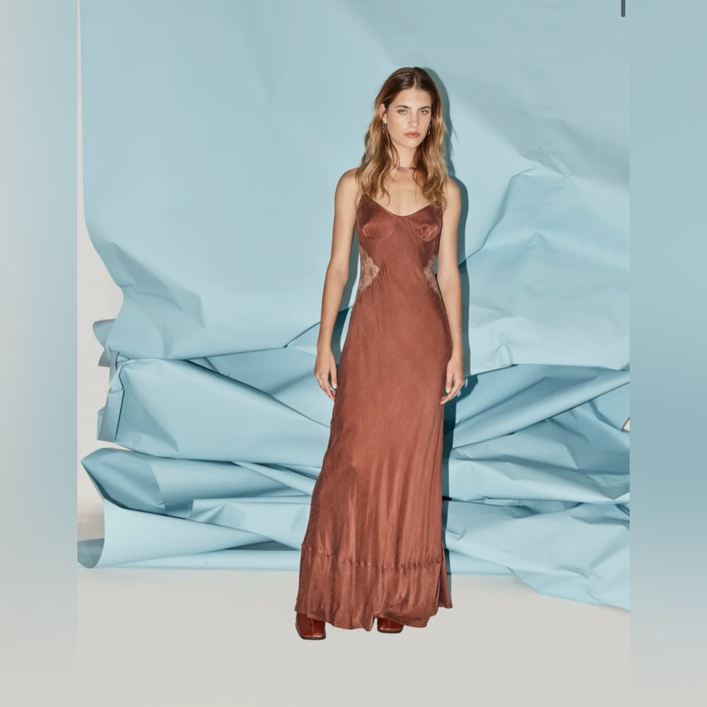 VRG GRL brown slip maxi dress with lace cut outs RARE FIND